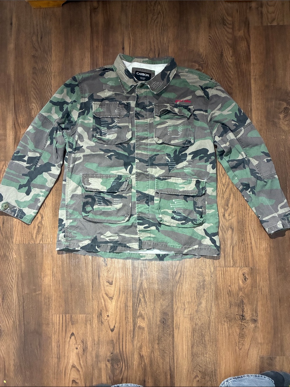 Carbon Distressed Camo Field Jacket Good Vibes Cargo Pockets XXL